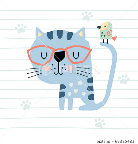 Cute Cartoon Cat And Bird Vector Colorful のイラスト素材