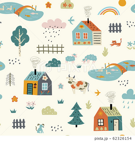 Seamless childish pattern with cute village. Cartoon farm landscape with country houses.  62326154