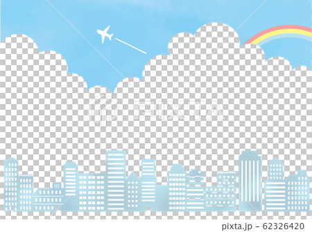 街並みと入道雲と虹の水彩風イラストのイラスト素材