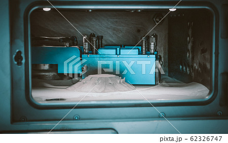 Object printed on metal 3d printer, laser sintering machine for metal close-up 62326747
