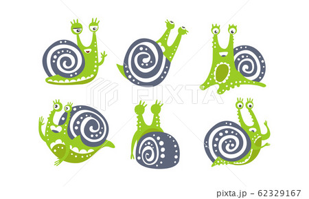 Cute Snail Collection, Funny Mollusk Animal Cartoon Character in Various Poses Vector Illustration 62329167
