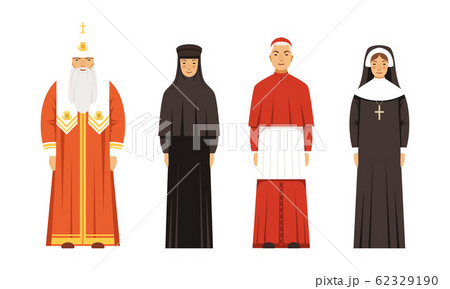 Religion People Characters in Traditional Clothes Collection, Orthodox Patriarch, Catholic Cardinal and Nuns Vector Illustration Religion People Characters in Traditional Clothes Collection, Orthodox Patriarch, Catholic Cardinal and Nuns Vector Illustration 62329190
