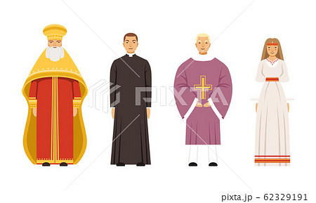 Religion People Characters in Traditional Clothes Collection, Orthodox Metropolitan, Catholic Priest or Pastor, Vicar, Slavic or Pagan Woman Vector Illustration Religion People Characters in Traditional Clothes Collection, Orthodox Metropolitan, Catholic Priest or Pastor, Vicar, Slavic or Pagan Woman Vector Illustration 62329191