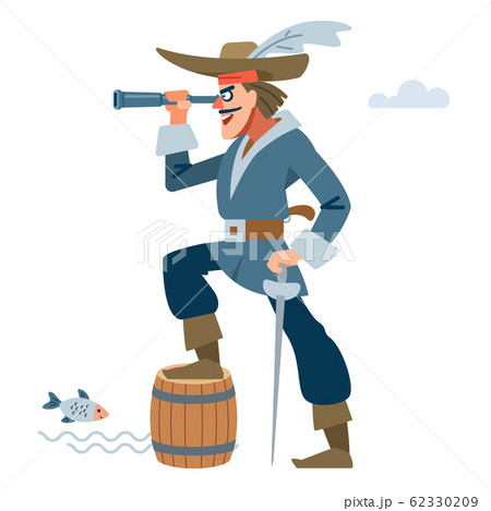 Pirate captain character with looking through a telescope and rejoices at the prey. Vector cartoon flat illustration 62330209