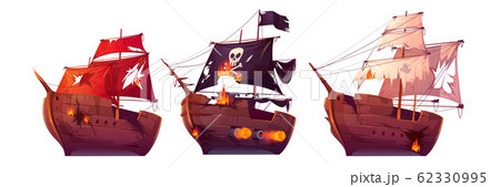 Sea battle of wooden ships and pirate sailboat 62330995