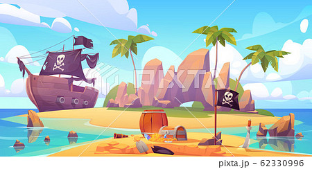 Pirate buries treasure chest on island beach 62330996