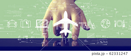 Flight ticket booking concept with hand pressing a screen Flight ticket booking concept with hand pressing a screen 62331247