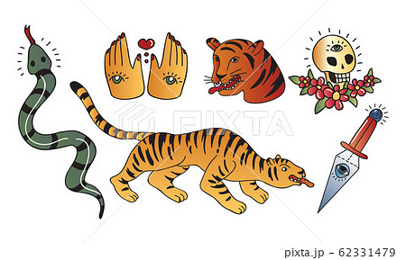 Old School Tattoo Elements and Symbols with Skull and Rose Flower Vector Set Old School Tattoo Elements and Symbols with Skull and Rose Flower Vector Set 62331479