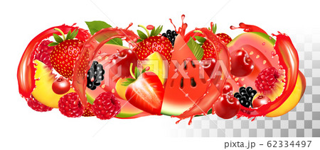 Fruit in juice splash panorama. Strawberry, 62334497