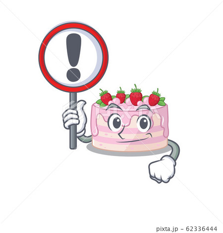 cute mascot character style of strawberry cake raised up a sign 62336444