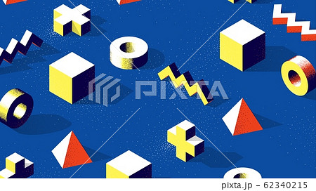Abstract isometric 3D shapes with contrast shadows and dotwork texture on blue background 62340215