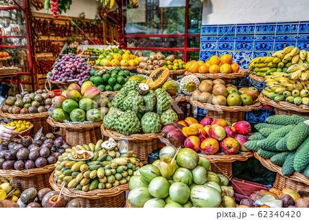 Fresh exotic fruits on famous market in Funchal Mercado dos Lavradores Madeira island, Portugal 62340420