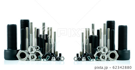 Metal bolts and nuts on white background. 62342880