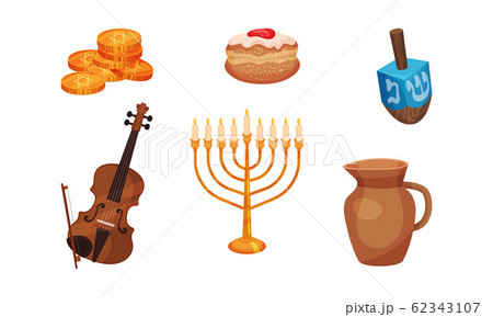 Happy Hanukkah Symbols Vector Set. Jewish Traditional Celebration Attributes Happy Hanukkah Symbols Vector Set. Jewish Traditional Celebration Attributes 62343107