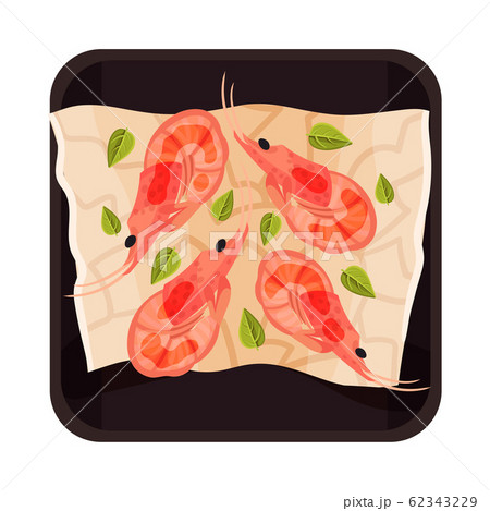 Prawns Rested on Plate Top View Vector Illustration 62343229