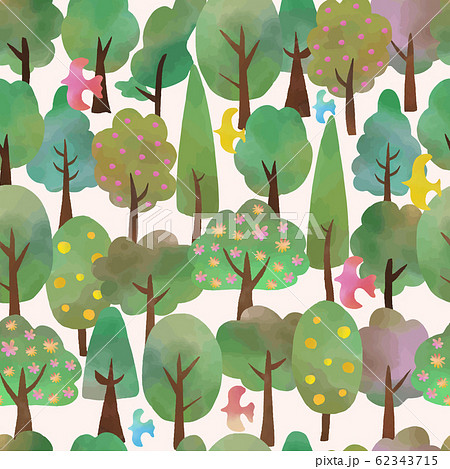 水彩テクスチャの木々と鳥 シームレスパターン 背景素材のイラスト素材