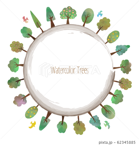 Watercolor texture tree and birds round frame 62345885