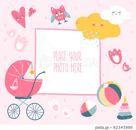 Pink baby photo frame with cloud, hearts, toys and dots. Scandinavian style. 62345990