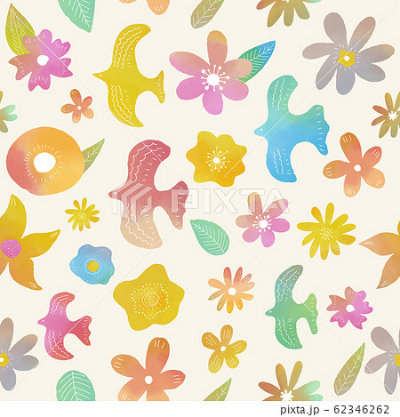 水彩テクスチャ 花と鳥のシームレスパターン 背景素材のイラスト素材