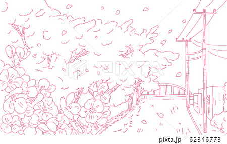 桜が咲く田舎の風景シンプル線画のイラスト素材