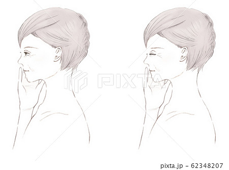 スキンケア シニア女性の横顔 目を閉じて手を添えるポーズのイラスト素材