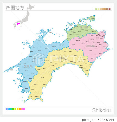 四国地方の地図・Shikoku（色分け） 62348344