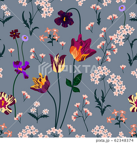 Seamless pattern with tulips and wildflowers. Seamless pattern with tulips and wildflowers. 62348374