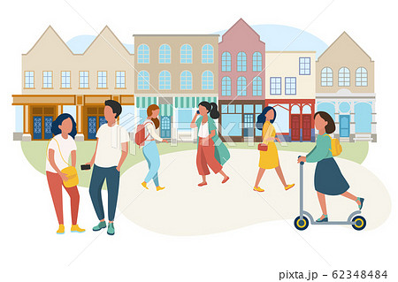 Young people are walking in city. Historic buldings background. Vector illustration Young people are walking in city. Historic buldings background. Vector illustration 62348484