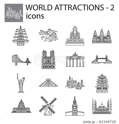 World Attractions icon line, linear vector set. Black signs, symbols. Icons for tourism. Set of stylish icons on a white background. 62349726