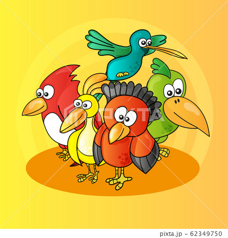 Illustration of funny characters birds on yellow background Illustration of funny characters birds on yellow background 62349750