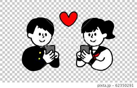 スマートフォンでやり取りする学生男女（シンプル） 62350291