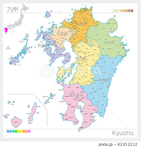 九州 沖縄地方無料フリーイラスト 日本語 都道府県名あり 都道府県線あり 緑