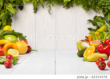 frame with fresh organic vegetables and fruits on frame with fresh organic vegetables and fruits on 62354478