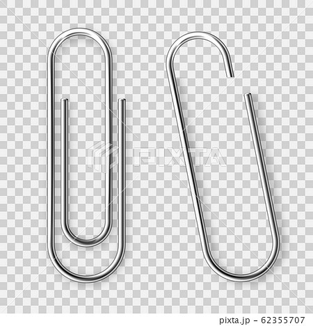 Realistic tilted metal paper clip. Page holder, binder. Vector illustration. 62355707