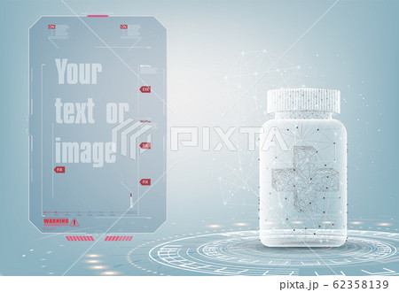Pill box with cross cover. Multivitamins and minerals advertising poster, flyer design template. Polygonal wireframe vector abstract. Quote speech bubble. Frame for text triangle. Text box vector 62358139