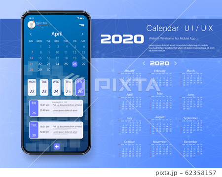 Calendar application template With To Do List and Tasks UI UX. Design For Mobile Phone. Calendar design for 2020. Modern blue design app. Year planner calendar 2020 - vector. 62358157