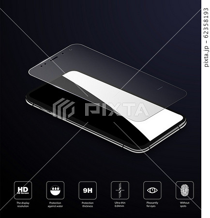 Screen Protector Glass. Vector illustration of transparent tempered glass shield for mobile phone. 62358193