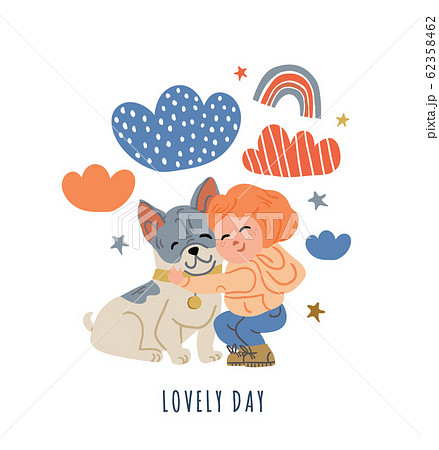 Illustration of child with french bulldog puppy 62358462