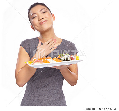 beautiful young woman holding a plate with sushi, beautiful young woman holding a plate with sushi, 62358838