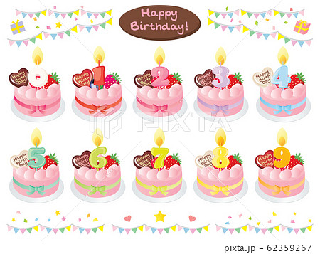 ピンクのお誕生日ケーキと数字の蝋燭のセットイラスト 62359267