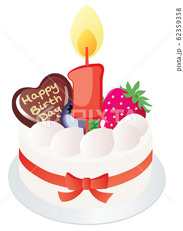 白い生クリームのお誕生日ケーキと1歳の数字のキャンドルのイラスト素材