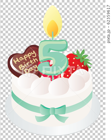白い生クリームのお誕生日ケーキと5歳の数字のキャンドルのイラスト素材