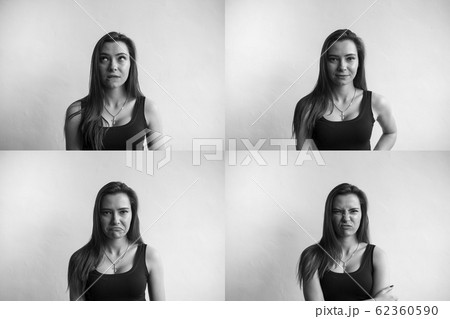 Set of black and white photo of young woman's portraits with different emotions. Young beautiful cute girl showing different emotions. Laughing, smiling, anger, suspicion, fear, surprise. 62360590