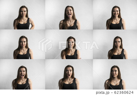 Set of young woman's portraits with different emotions. Young beautiful cute girl showing different emotions. Laughing, smiling, anger, suspicion, fear, surprise. 62360624