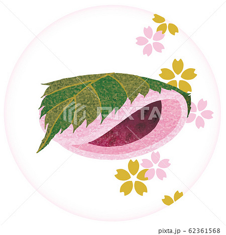 春の和菓子 長命寺桜餅 関東 桜柄白い丸皿 桜金ピンクのイラスト素材