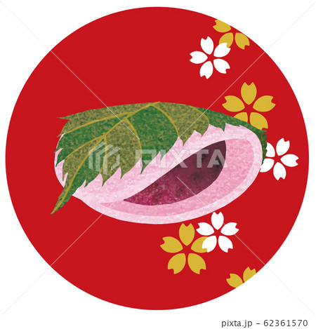 春の和菓子 長命寺桜餅 関東 桜柄赤塗り皿 桜白金のイラスト素材