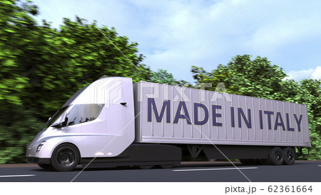 Modern electric semi-trailer truck with MADE IN ITALY text on the side. Italian import or export related 3D rendering Modern electric semi-trailer truck with MADE IN ITALY text on the side. Italian import or export related 3D rendering 62361664