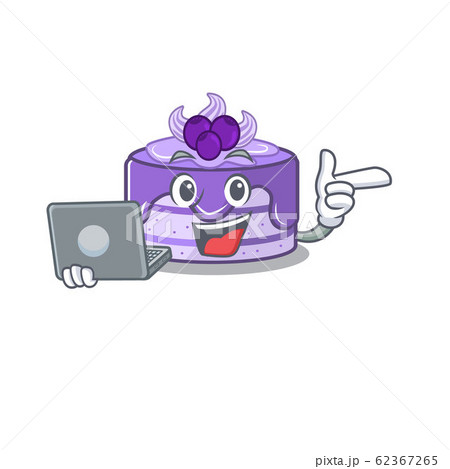 Cool character of blueberry cake working with laptop 62367265