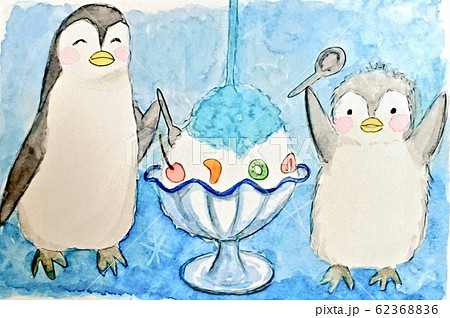 かき氷を食べるペンギン親子のイラスト素材