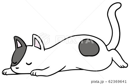 倒れた猫のイラスト 黒ぶち 眠り顔のイラスト素材